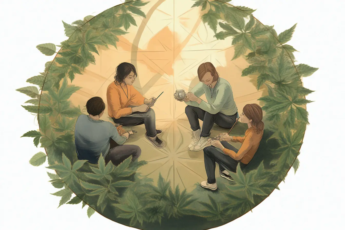 Eine Gruppe von Menschen vom Cannabis Social Club Berlin, die gemeinsam Joints genießen Ein Kreis aus Marihuanablättern schmückt den Boden eines Cannabis Social Clubs in Berlin, wo sich mehrere Personen versammelt haben.