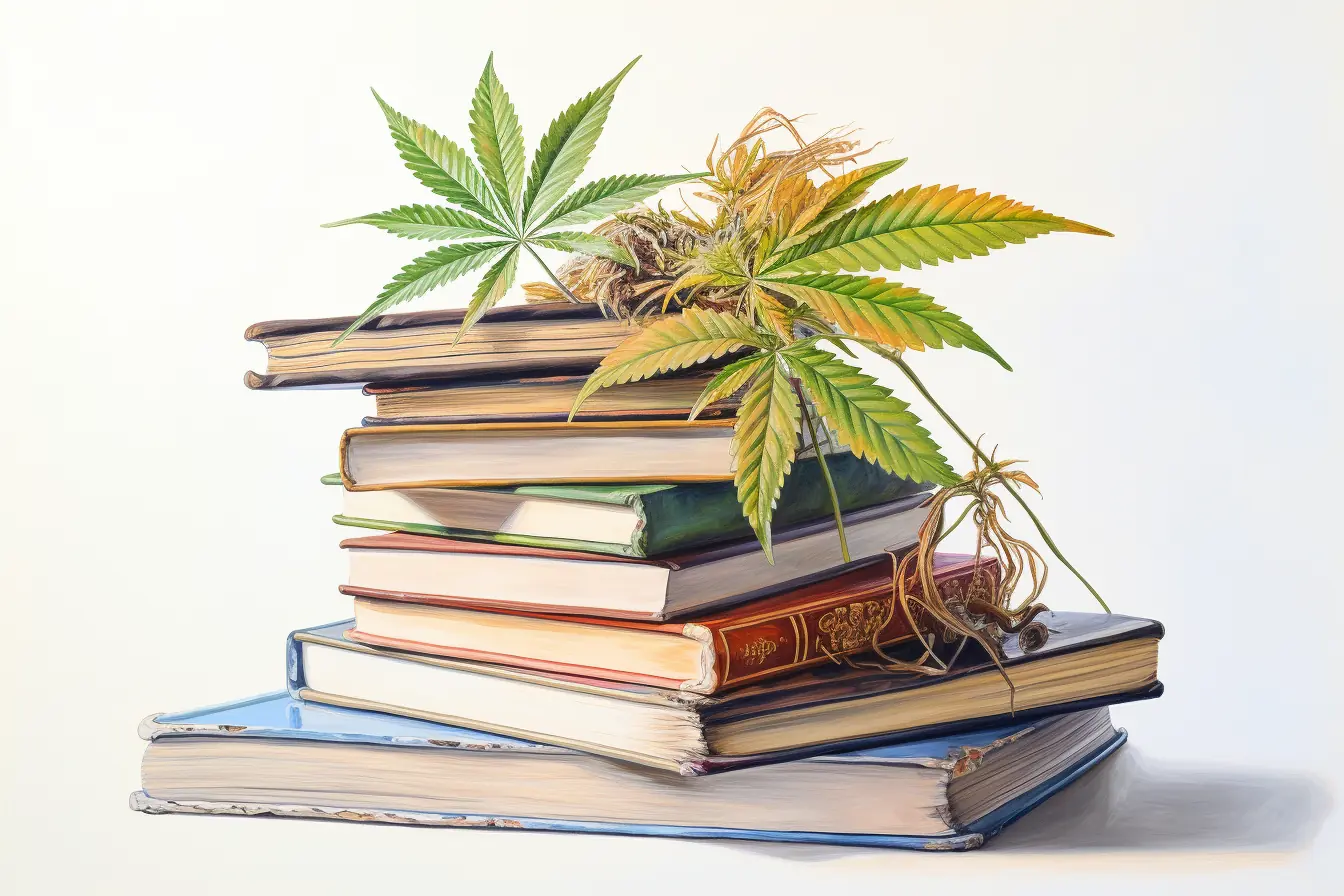 Ein Bücherstapel mit zarten Cannabisblättern Cannabisblätter, die einen Haufen Bücher schmücken
