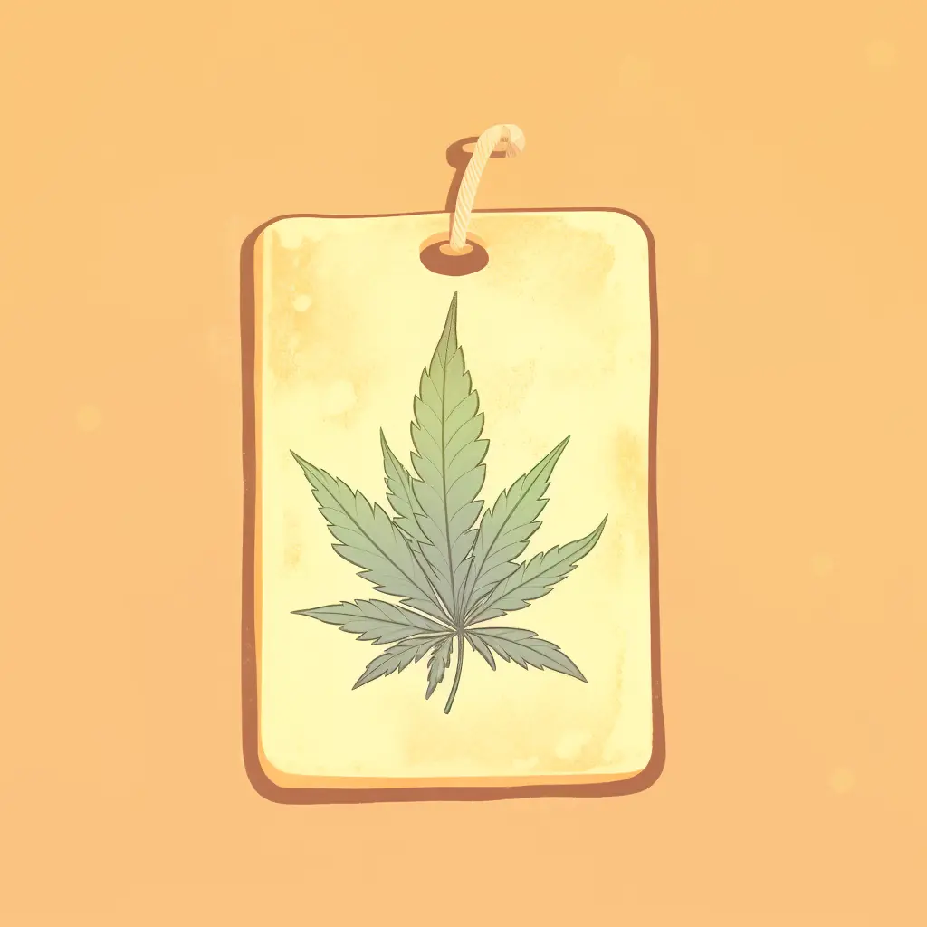 Ein Pastellfarbenes Preisetikett mit einem Cannabisblatt darauf Ein hängendes Marihuanablatt ziert das Preislabel für den Cannabis-Social-Clubs in Berlin