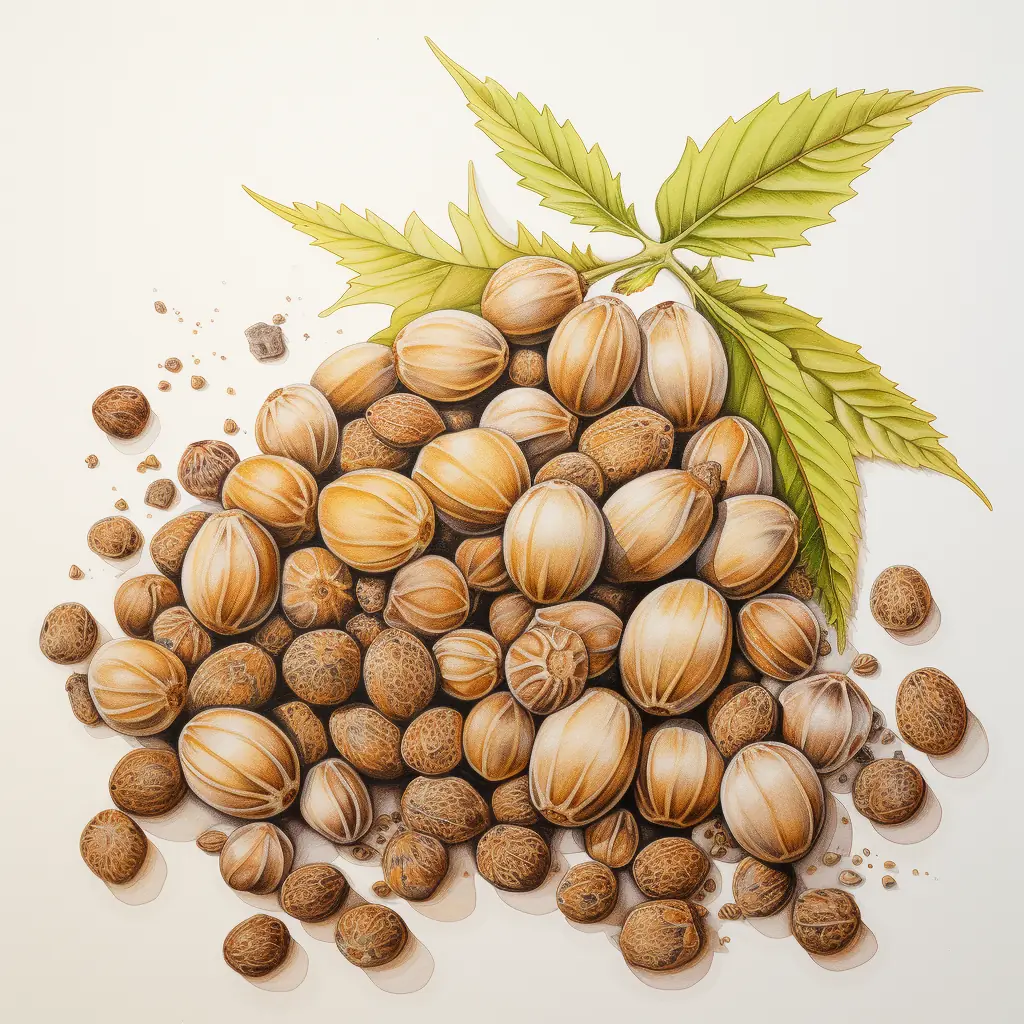 Cannabissamen in Pastellfarben - eine halbrealistische Zeichnung Ein bunter Haufen von Cannabissamen auf einem hellen Untergrund