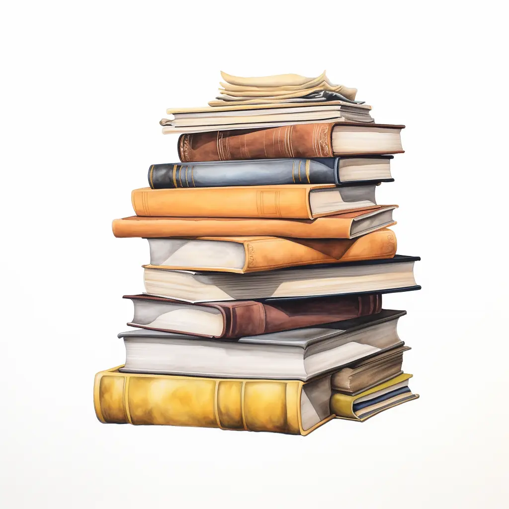 Eine halbrealistische Illustration von bunten Cannabissamen auf einem schlichten Hintergrund Ein halbrealistisches Bild von einem Bücherstapel in zarten Farben