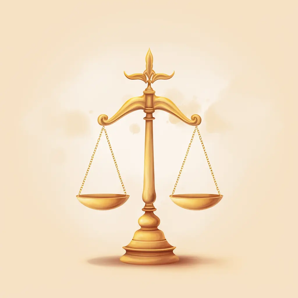 Ein zartes Symbol für die Gerechtigkeit Eine beige Hintergrund mit einer goldenen Waage