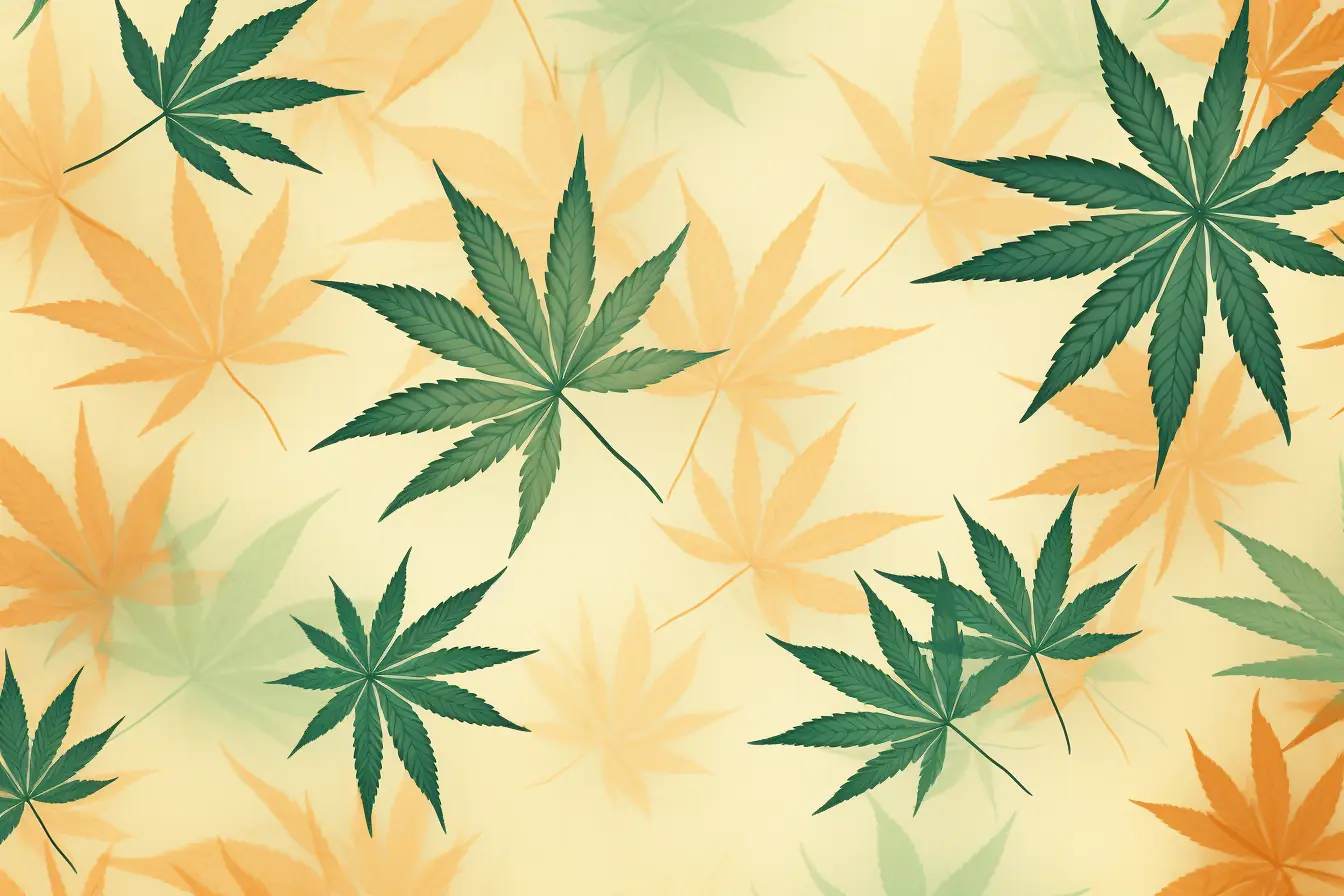 Pastellfarbene Cannabisblätter als Hintergrundmotiv Beiger Hintergrund mit Cannabisblatt-Muster, gestaltet für den Cannabis Social Club in Berlin